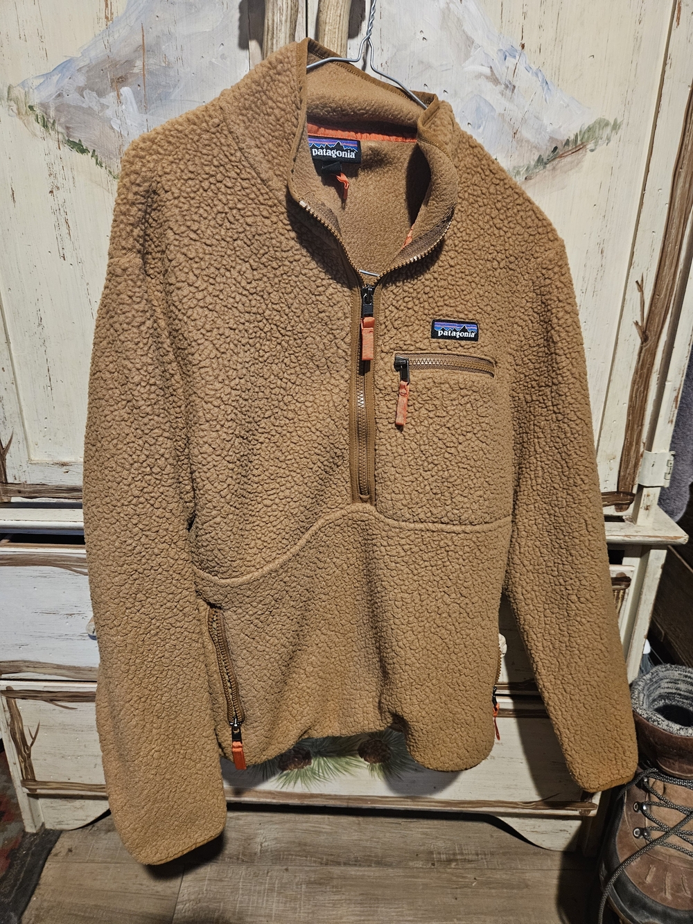 Patagonia Tan Fleece Retro Pile Marsupial Jacket.
